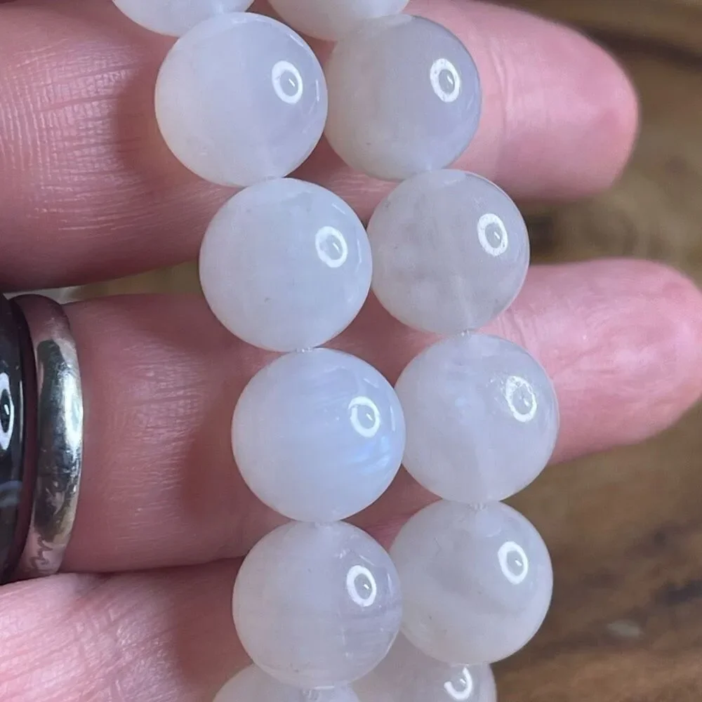 White Moonstone beaded bracelet 7” crystal healing beads 8mm blue flash